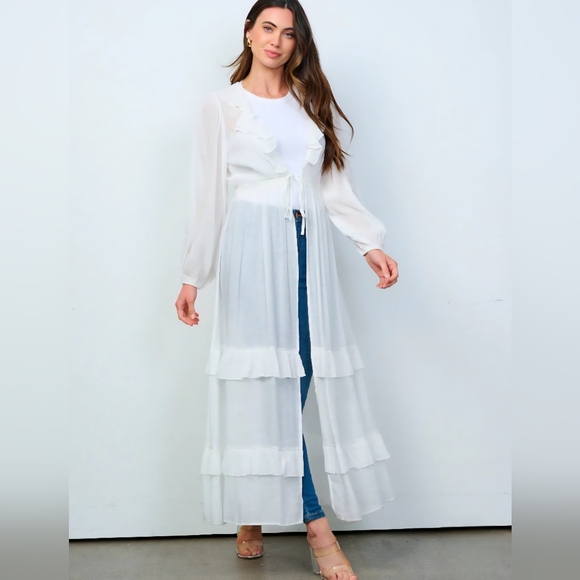 B4 NWT Main Strip Ling Sleeve Open Front Ruffled Tiered Kimono Blue Sm Md Lg - Picture 3 of 12